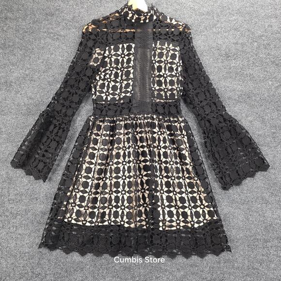 EillyBazar Dress Womens Medium Black Crochet High Neck Bell Sleeve Mini Cocktail - Picture 1 of 13